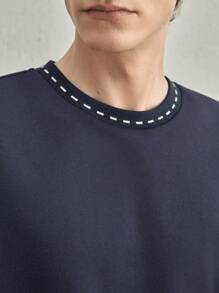 AKNOTIC Business Casual Men's Casual Loose Crew Neck Sweatshirt With Letter Print - Blue, For Fall Winter - Navy Blue - View 3