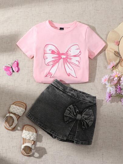 Souflis Souflis 2pcs/Set Young Girl Cute Sweet Bowknot Print Loose Soft Black T-Shirt & Pink Bowknot 2 In 1 Denim Skort, Distressed Wash, School, Campus, College Summer Holiday