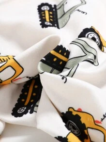 Cozy Pixies 2pcs Cartoon Car Print Soft Knit Crew Neck Contrast Raglan Sleeve Top And Pants Baby Boy Snug Fit Pajama Set