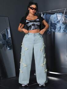 SHEIN ICON Plus Size Stars Embroidered Pockets Loose Fit Casual Wide Leg Jeans - Light Wash - View 4