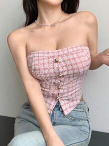 DAZY 女士夏季格子单排扣修身抹胸上衣外出上衣 - 粉色 - 查看 4