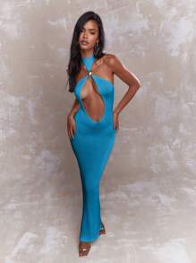 MISSGUIDED Sheer Metal Detail Halter Plunge Neck Maxi Dress - Blue - View 4