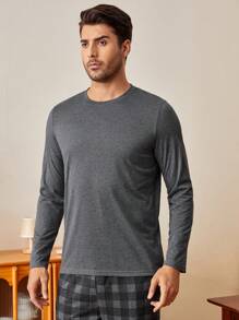 2pcs Men's Solid Color Crew Neck Long Sleeve T-Shirt And Plaid Pants Casual Pajama Set  Cozy And Elegant Details, Fall Winter Clothes