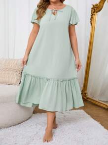 Plus Size Casual Comfortable Ruffle Hem Solid Dress - Green - View 5