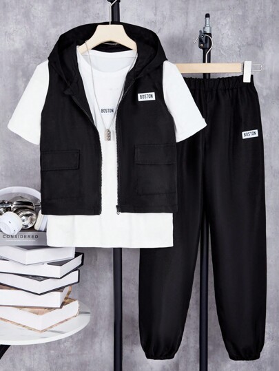 Teen Boy 3pcs/Set Black Vest, White T-Shirt, Black Pants Casual Outfit