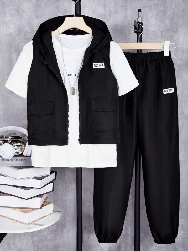 Teen Boy 3buc/Set Vestă Neagră, Tricou Alb, Ținută Casual Pantaloni Negri