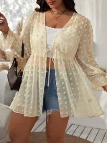 Flirla 大码长袖系带荷叶边袖口喇叭下摆休闲宽松夹克 - 杏色 - 查看 8