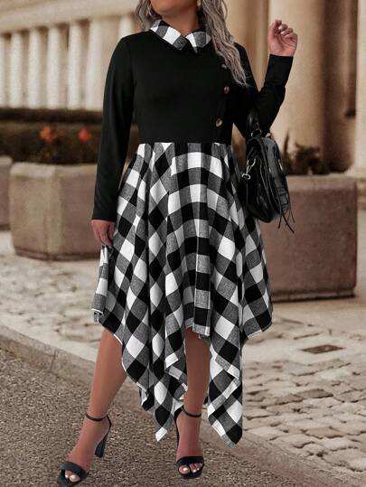 SHEIN LUNE Vestido informal a cuadros y parches para mujer talla grande