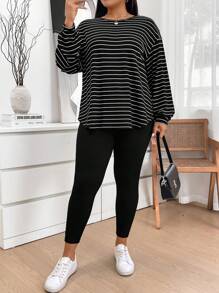 SHEIN LUNE Plus Size Fall Women Black & White Striped 2-Piece Set: Striped T-Shirt & Leggings, Casual Sports Workout Set Women Clothing Sets Airport Women Outfits Outfit Sets Two Pieces Piece Set Travel Outfit Airport