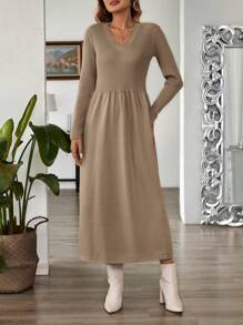 EMERY ROSE Women's V-Neck Knit Waist-Cinched Flared Long Sleeve Sweater Dress, Autumn/Winter Fall Women Clothes Office Dress - Brown - View 4