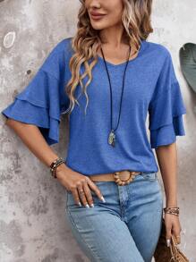 EMERY ROSE Women's Double Layer Ruffle Trim Short Sleeve T-Shirt - Blue - View 3