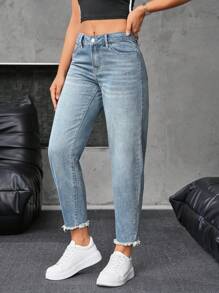 SHEIN Essnce Women's Front Button Multiple Pockets Raw Hem Minimalist Style Denim Jeans, Casual Wear