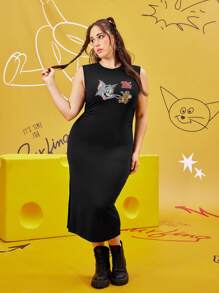 TOM & JERRY X SHEIN Vestido midi ajustado con pliegues, sin mangas, con estampado clásico de gato y ratón de dibujos animados, de estilo deportivo casual de los 90, talla grande, otoño