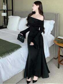 DAZY Women's Ruffle Ruffle Trim Dress, Long Sleeve, Suitable For Back To School Events And Formal Occasions Elegant,Fall Dress Off Shoulder Top - Black - View 4