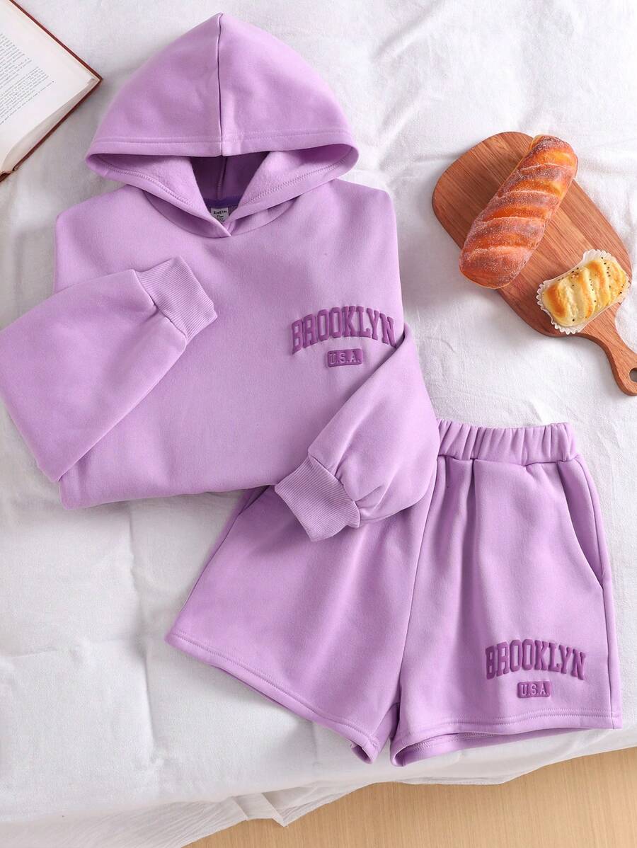 SHEIN Leap Crew 2 件套青少年女孩纯色连帽运动衫，背面有字母图案和口袋，加绒加厚短裤，休闲 - 紫色 - 查看 1