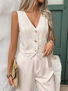 SHEIN Frenchy Sleeveless Solid Color Casual Old Money Outfits  Old Money Style   Linen Fabric Shirt  Earthy Clothes  Commute Minimalist Office Old Money  Simple Elegant Summer - Multicolor - View 4