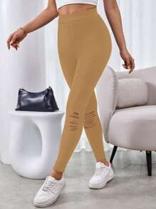 SHEIN Unity Women's Solid Color Distressed Basic Leggings, Casual Everyday Wear Fall Cloth For Women - Brown - View 7