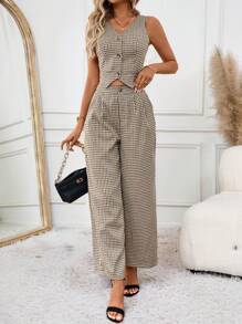 SHEIN Clasi Women's Casual  Plaid Vest & Wide-Leg Pants Two-Piece Set - Multicolor - View 3