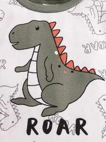 2pcs Baby Boy Snug Fit Cartoon Dinosaur Print Color Block Crew Neck Long Sleeve Knitted Pajama Set