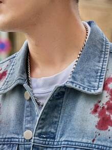 Manfinity Roghcode Men's Contrast Graphic Print Button Front Pocket Long Sleeve Denim Jacket - Blue - View 4