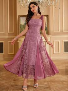 SHEIN Belle 大码时尚修身蕾丝网纱拼接舞会礼服