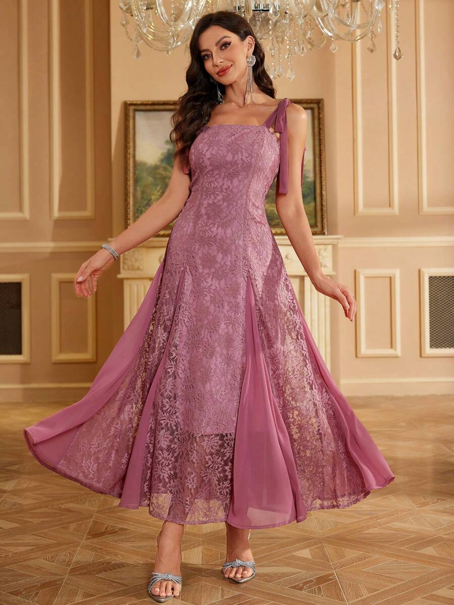 SHEIN Belle 大码时尚修身蕾丝网纱拼接舞会礼服