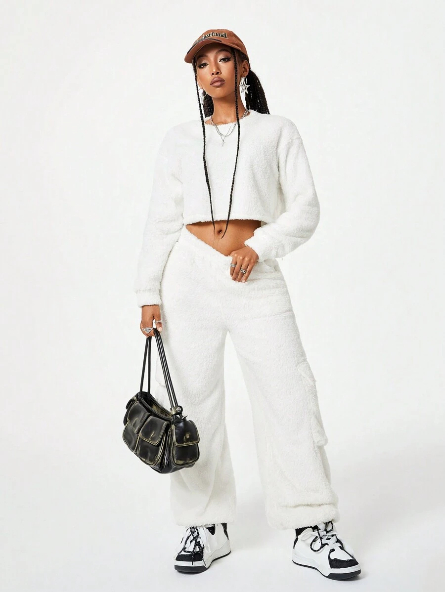 SHEIN EZwear Bộ quần áo nỉ dài tay rộng rãi lót nhiệt cho nữ - trắng - Xem 1