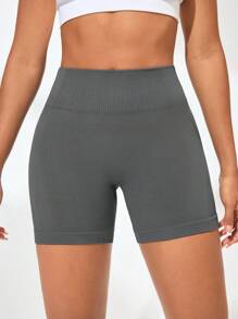 SHEIN Sports Women's Solid Color High Waist Everyday Fitness Shorts - Grey - View 2