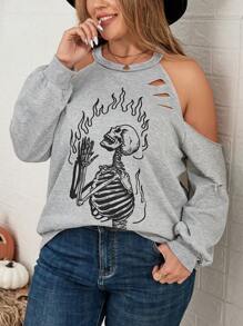 SHEIN LUNE Winter Clothes Plus Size Round Neck Cold-Shoulder Long Sleeve Halloween Skeleton Print Sweatshirt