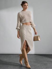 SHEIN Cottnline Cable & Waffle Knit Lantern Sleeve & Slit Skirt Co-Ords - Beige - View 1