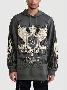 ROMWE MEN Street Life Men Watermark + Foaming Print Pattern Loose Fit Hoodie Sweatshirt, Vintage Streetwear (Reinforced Collar, Hem And Shoulder Seams To Prevent Deformation) - Black - View 4