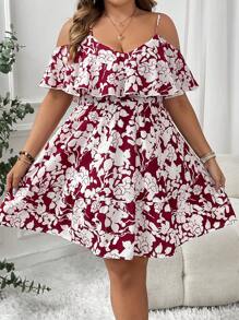 SHEIN VCAY Plus Size Ruffle Spaghetti Strap Floral Allover Print Ruffle Hem Vacation Casual Dress - Burgundy - View 4