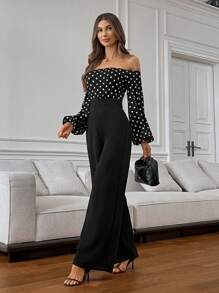 SHEIN Privé Damski wiosenny i letni elegancki kombinezon z odkrytymi ramionami i nadrukiem w kropki