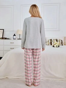 EURMUSE Cotton 2Pcs  Slogan Printed Long Sleeve And Multicolour Detail Sleep Bottom PJ Set - Grey - View 2