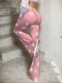 女式太阳月亮印花喇叭裤 - 粉色 - 查看 2