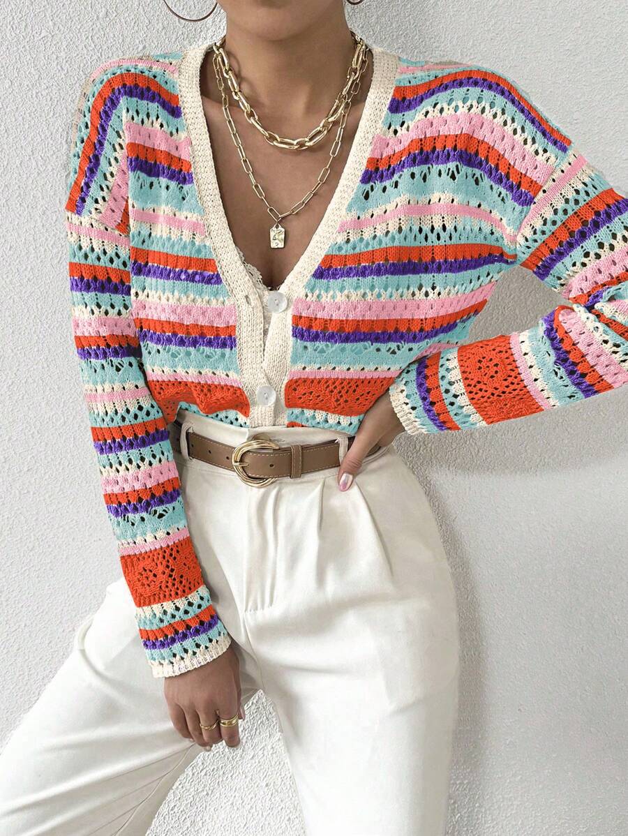 SHEIN LUNE Áo len cardigan thả vai phối màu cho nữ - trái cam - Xem 1