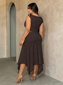 SHEIN BAE Bộ đồ mùa hè sành điệu dành cho nữ cỡ lớn, gồm áo dệt kim và chân váy xẻ tà, trang phục thường ngày. - Cà phê nâu - Xem 2