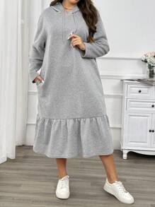 SHEIN Privé 加大码舒适休闲简约连帽抽绳长袖荷叶边饰边灰色女式连衣裙 - 灰色 - 查看 3