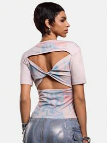 VRSO Artist Casual Print Distressed Crop Fitted Women Top Y2K Style,For Summer, Holiday, Going Out, Festival, Western Wear