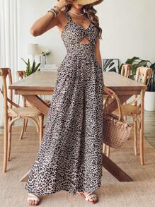 SHEIN VCAY Holiday Woven Leopard Pattern Wide Leg Front Center Cut Out Women's Jumpsuit - Brown - View 5