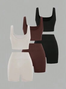 SHEIN EZwear Bộ thể thao nữ 3 món gồm áo vest cổ tròn và quần short - Nhiều màu - Xem 3