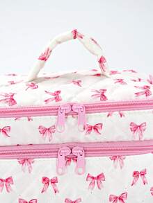 Marina Oliveira Artist Pink Bow Pattern Fashionable Cute Double Layers Cosmetic Bag For Storage, Square-Shaped Makeup Bags - Multicolor - View 6