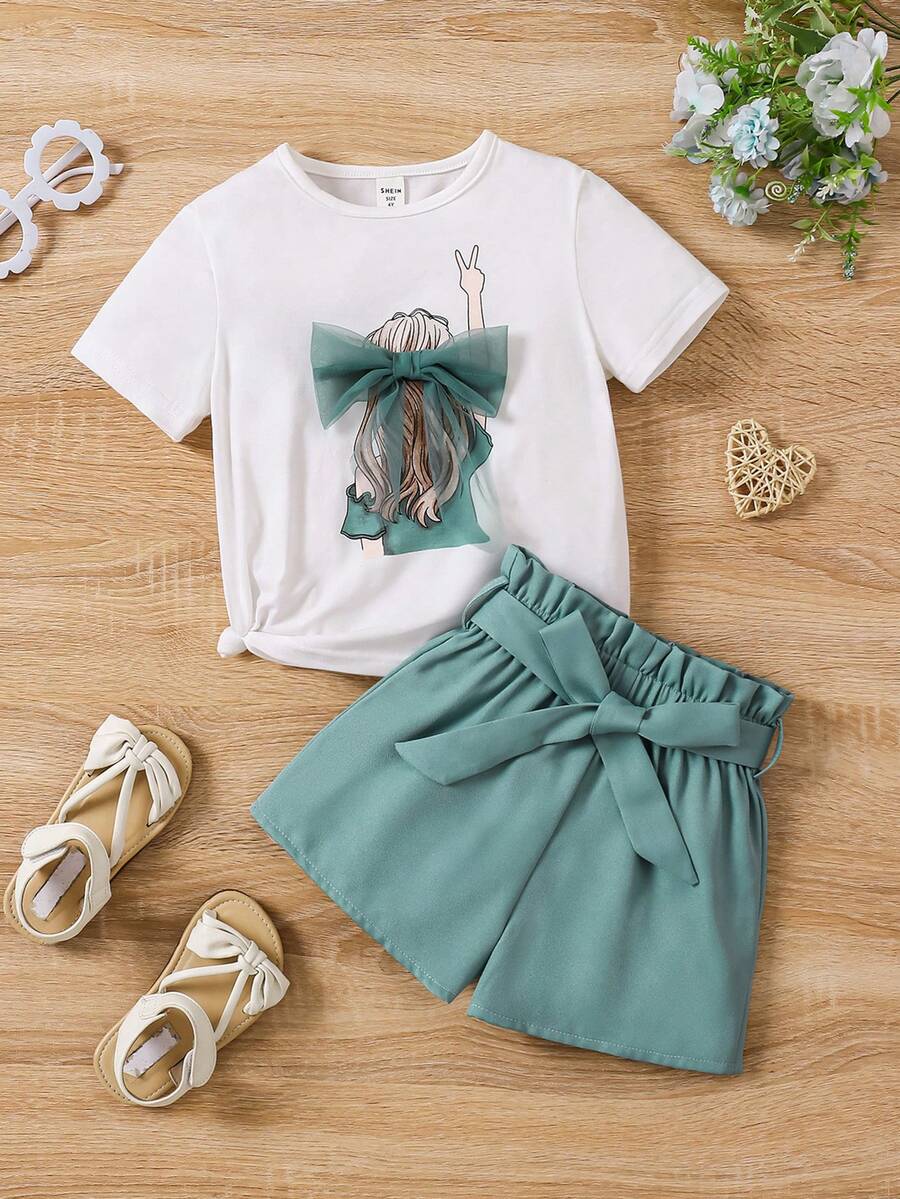 SHEIN 2 cái/bộ dành cho các cô gái trẻ dệt kim Hình cô gái dệt kim đồ họa lưới nơ cổ tròn áo thun thun & túi giấy trang phục quần short thắt lưng, mùa hè, đi học lại, mặc hàng ngày - Nhiều màu - Xem 1