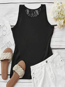 SHEIN Unity Black Fashion Lace Patchwork Twist Back Top For Summer - Black - View 2