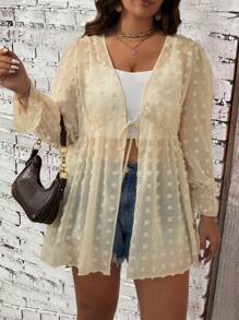 Flirla 大码长袖系带荷叶边袖口喇叭下摆休闲宽松夹克 - 杏色 - 查看 4