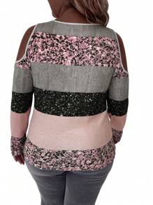 SHEIN LUNE Ropa de invierno para talla grande - Camiseta deportiva y casual de ajuste ceñido con cierre de cremallera, botones y estampado metalizado de lentejuelas con textura acanalada