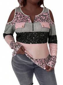 SHEIN LUNE Ropa de invierno para talla grande - Camiseta deportiva y casual de ajuste ceñido con cierre de cremallera, botones y estampado metalizado de lentejuelas con textura acanalada