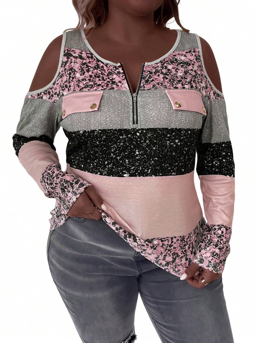 SHEIN LUNE Plus Size Winter Clothes Metallic Sequin Print Stretch Ribbed Button Zip Up Slim Fit Sporty Casual T-Shirt - Multicolor - View 1