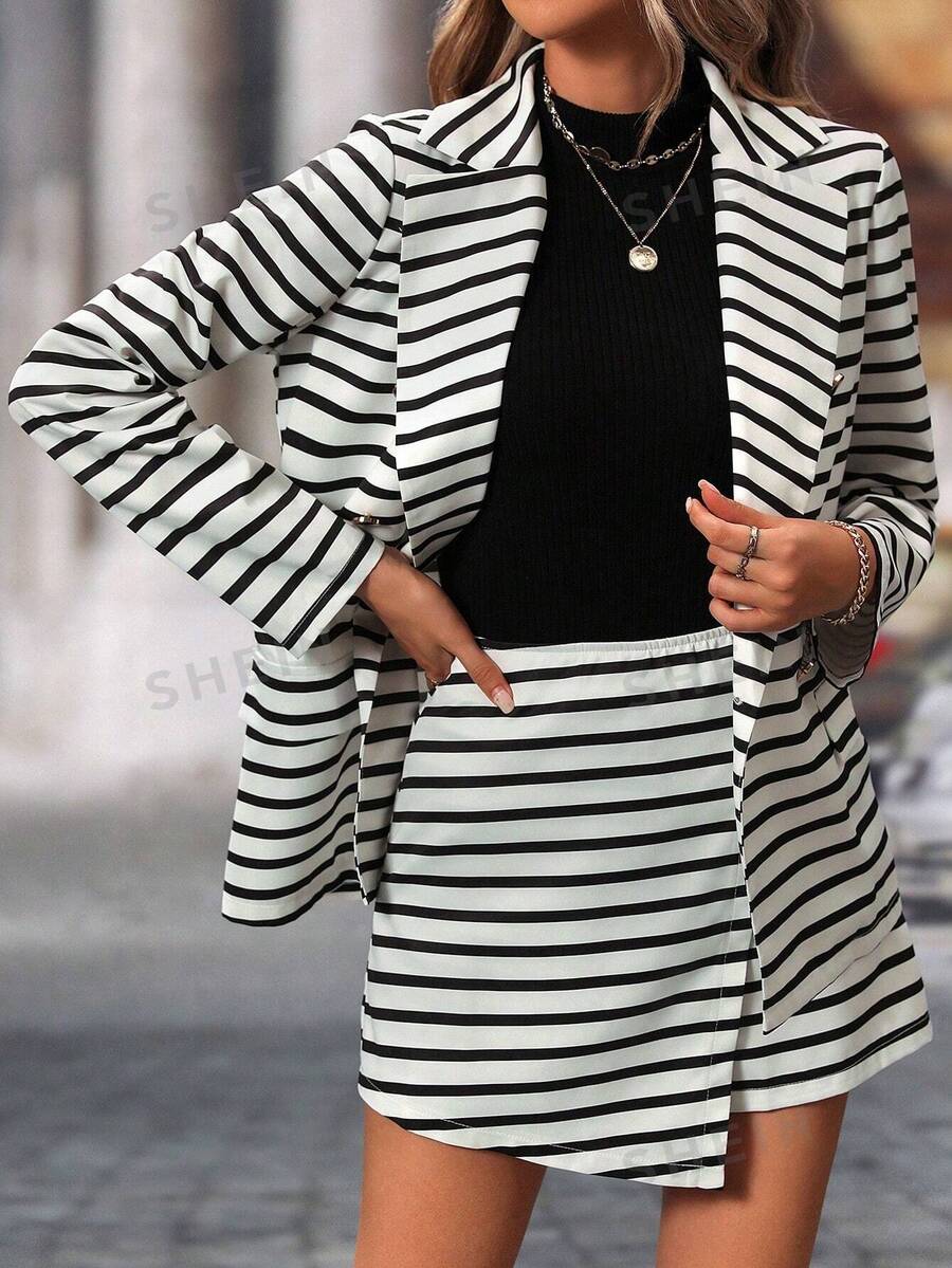 SHEIN Clasi Striped Collarless DoubleBreasted Blazer Shorts Skirt Suit