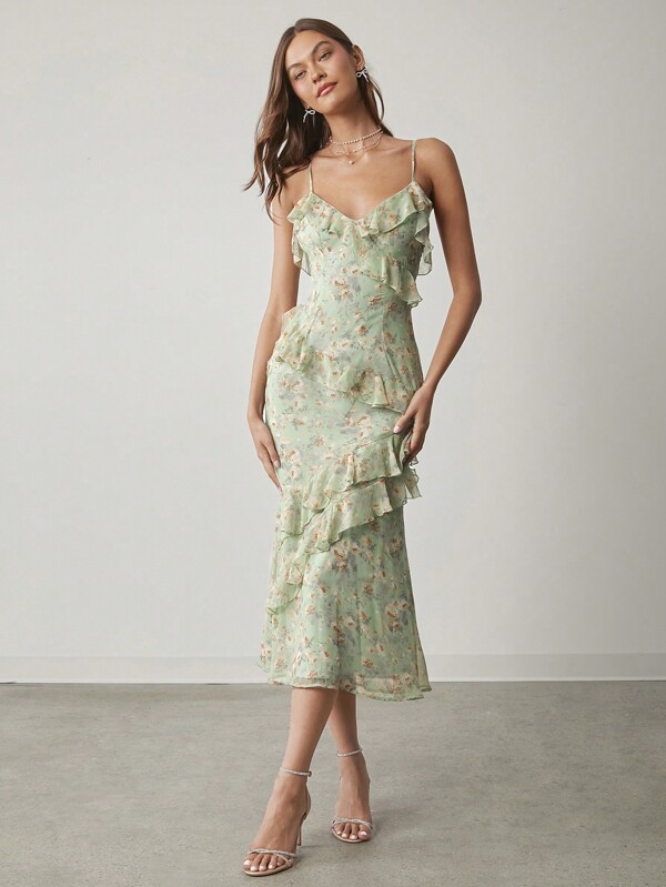 Enchnt Vestido con estampado floral, ribete de volantes y tirantes finos para mujer - Atuendo dulce y elegante para San Valentín, fiesta de Navidad, Año Nuevo, cumpleaños, vacaciones y citas románticas - Vestido color verde salvia